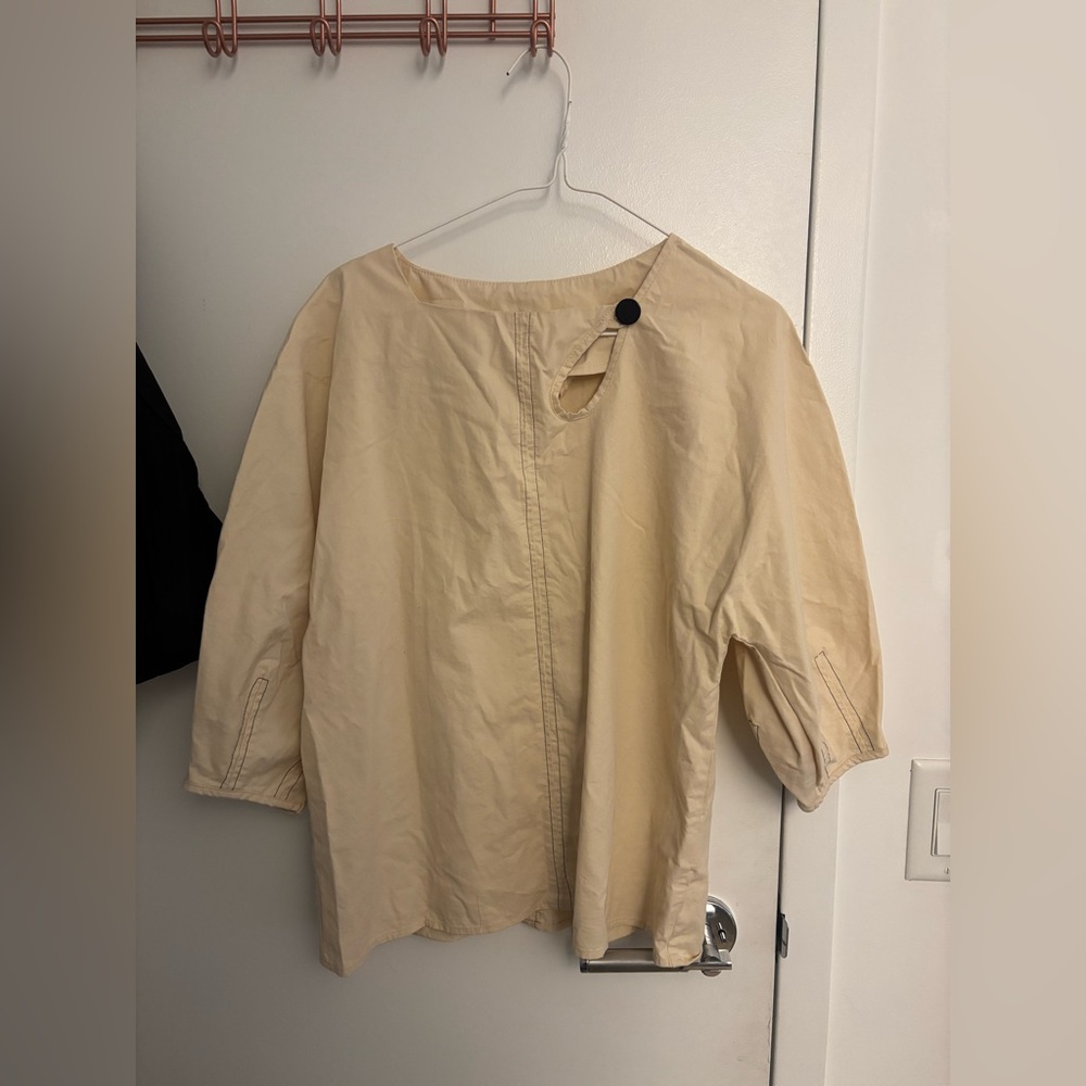 Beige Long Sleeve Blouse with Button Detail